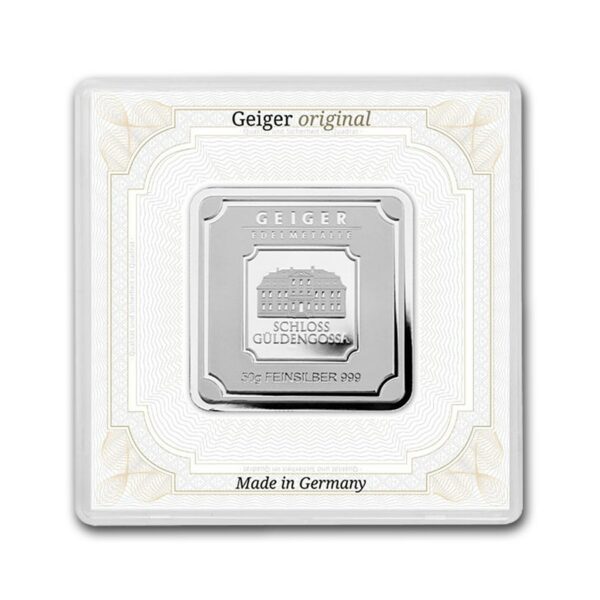 50 g Stříbrný čtverec - Geiger Edelmetalle (původní řada čtverců)