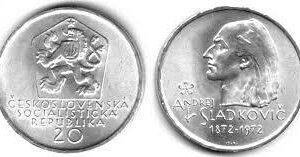 Mince :20 KČS 1972 100.VÝROČÍ ÚMRTÍ BÁSNÍKA A.SLÁDKOVIČE