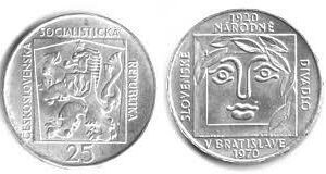 Mince :25 KČS 1970 50. VÝROČÍ SLOVENSKÉHO NÁRODNÍHO DIVADLA