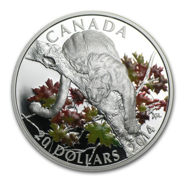 Royal Canadian Mint Mince -2014 Kanada 1 oz Stříbrný $ 20 jaguár posazený na javorovém stromě