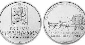 Stříbrná mince 1982 -KONĚSPŘEŽNÁ ŽELEZNICE ČESKÉ BUDĚJOVICE - LINEC - B.K.