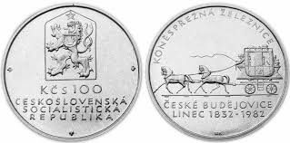 Stříbrná mince 1982 -KONĚSPŘEŽNÁ ŽELEZNICE ČESKÉ BUDĚJOVICE - LINEC - B.K.