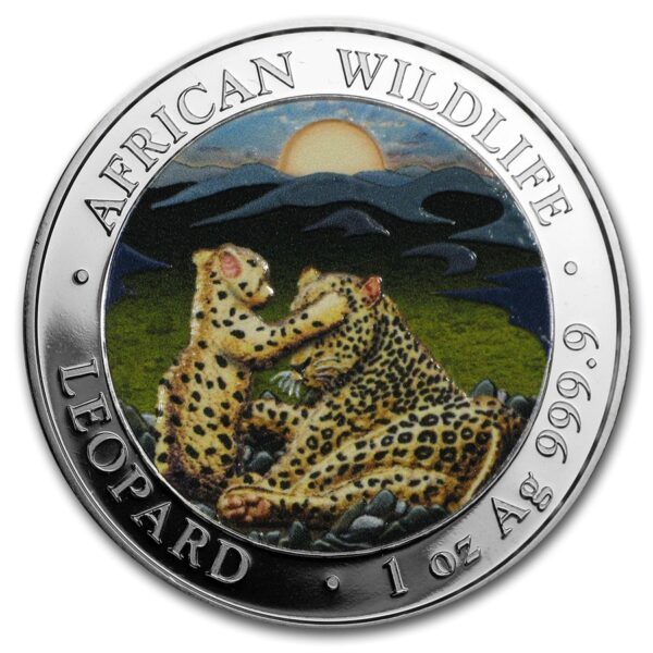 Bavarian Mint 2019 Somálsko 1 oz Stříbrný africký volně žijící živočich Leopard (obarvený)