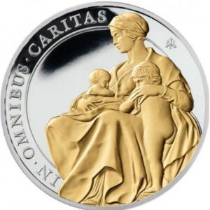 East India Company Stříbrná mince Charita (Caritas) 1 Oz 1 £ 2022 Sváta Helena se zlatým plátem