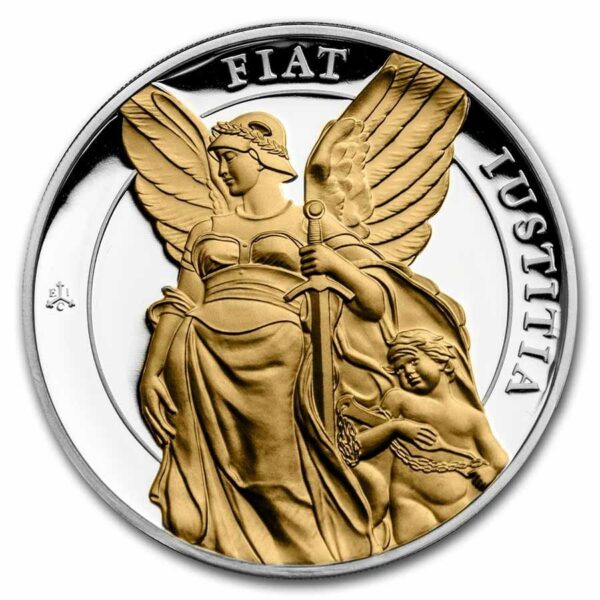 East India Company Stříbrná mince Justice (spravedlnost) 1 Oz se zlatým platem 1 libra 2022 Sv. Helena