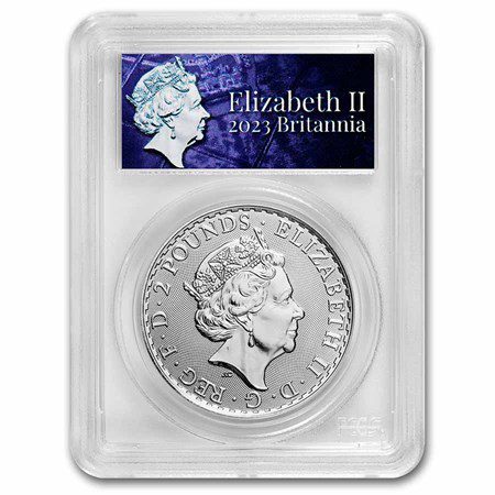 Royal Mint Stříbrná mince Britannia PCGS (Queen Label) 1 Oz 2 libry 2023 Velká Británie