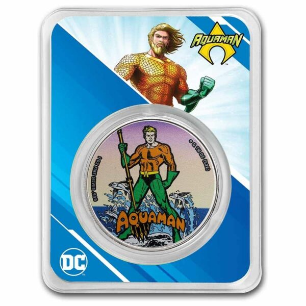 9Fine Mint Stříbrná mince DC Comics Aquaman 1 Oz 2023 Samoa TEP