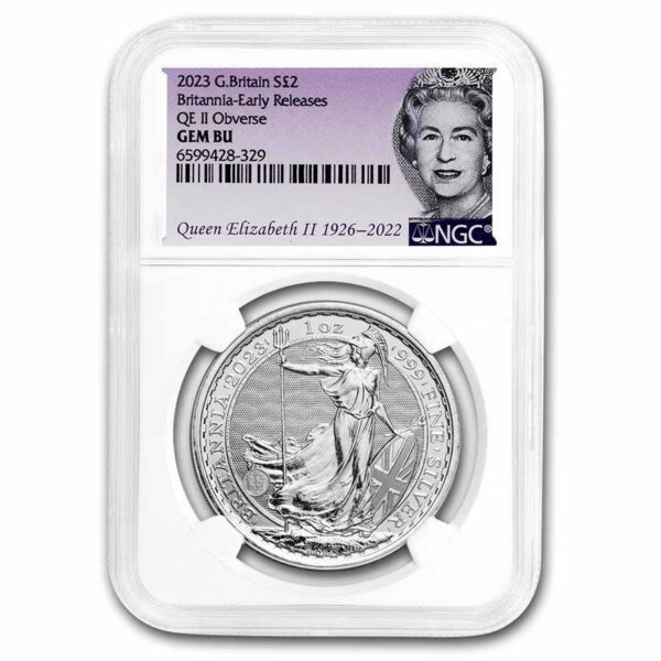 Royal Mint Stříbrná mince Britannia NGC GEM BU ER (Queen Label) 1 Oz 2023 GB