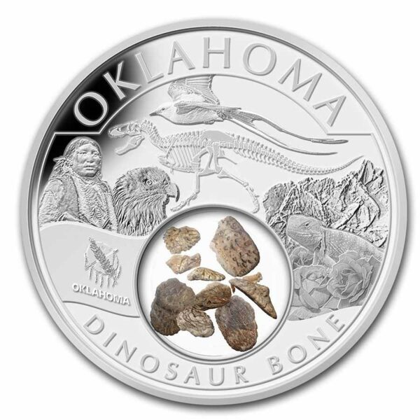 UNITED STATES MINT Stříbrná mince kosti dinosaura Oklahoma (Dinosaur Bone) 1 Oz 2023 USA