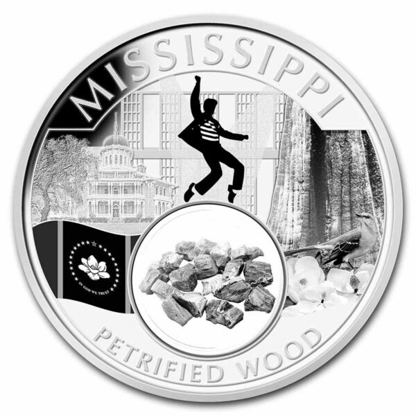 UNITED STATES MINT Stříbrná mince poklady zkamenělého dřeva z Mississippi (Petrified Wood) 1 Oz USA