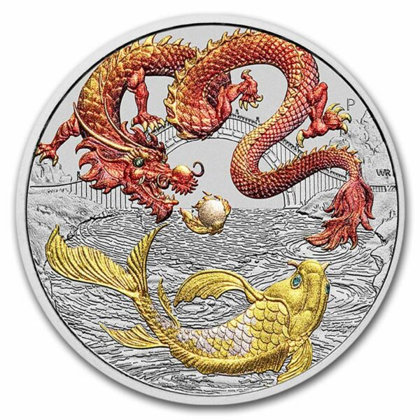 Perth Mint Stříbrná mince Dragon & Koi Red & Gold Colorized BU 1 Oz 2023
