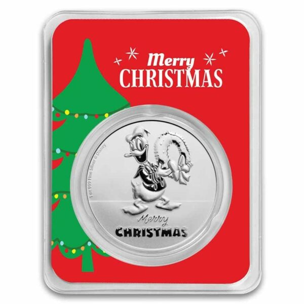 9Fine Mint Stříbrná mince Donald Duck Christmas in Holiday 1 Oz $2 2022 Niue TEP