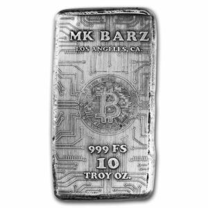 MK Barz and Bullion 10 oz ručně litý stříbrný slitek - bitcoin
