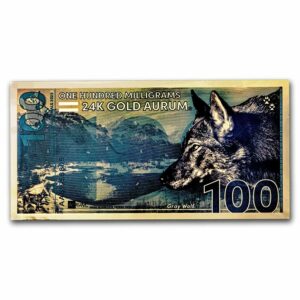UNITED STATES MINT Zlatý slítek Gold Aurum Note Vlk – 100 mg (2023 Gray Wolf